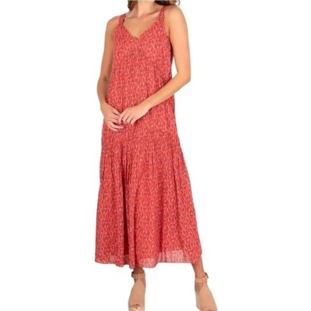 Joie Cotton Tea Rose Coral Patterned Teired Dress